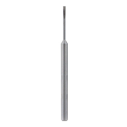 A silver metal cutting tool bit with a flat, chisel-like tip and a wider cylindrical shank