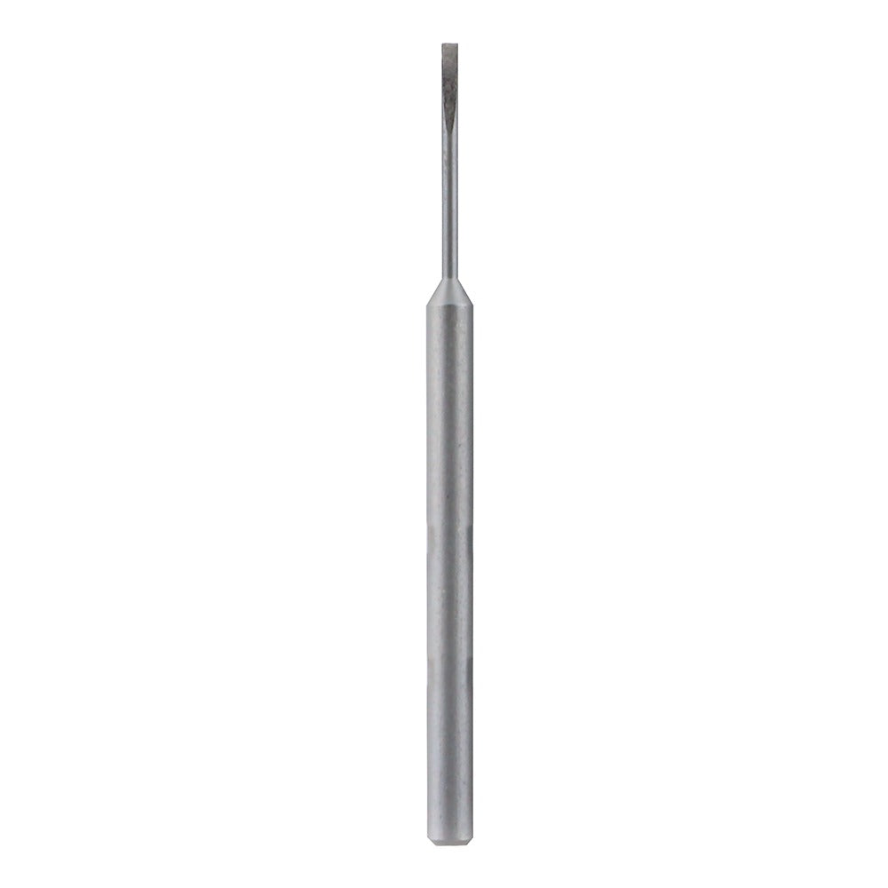A silver metal cutting tool bit with a flat, chisel-like tip and a wider cylindrical shank