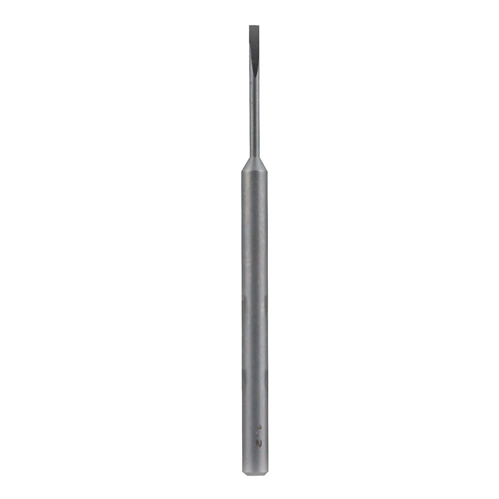 A long, slender metal bit with a flat chisel tip, marked &#39;1.2&#39;