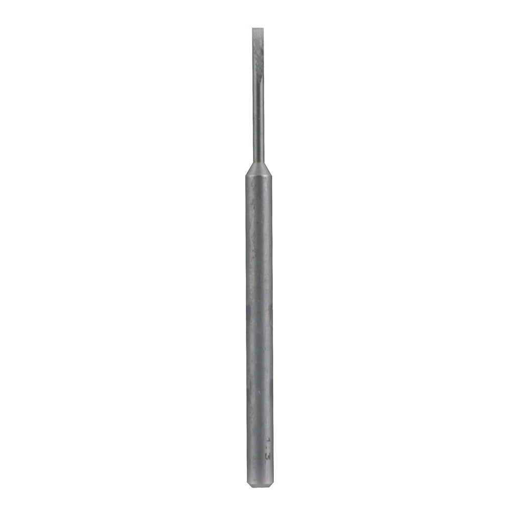 A grey metal end mill with a flat, chisel-like cutting tip