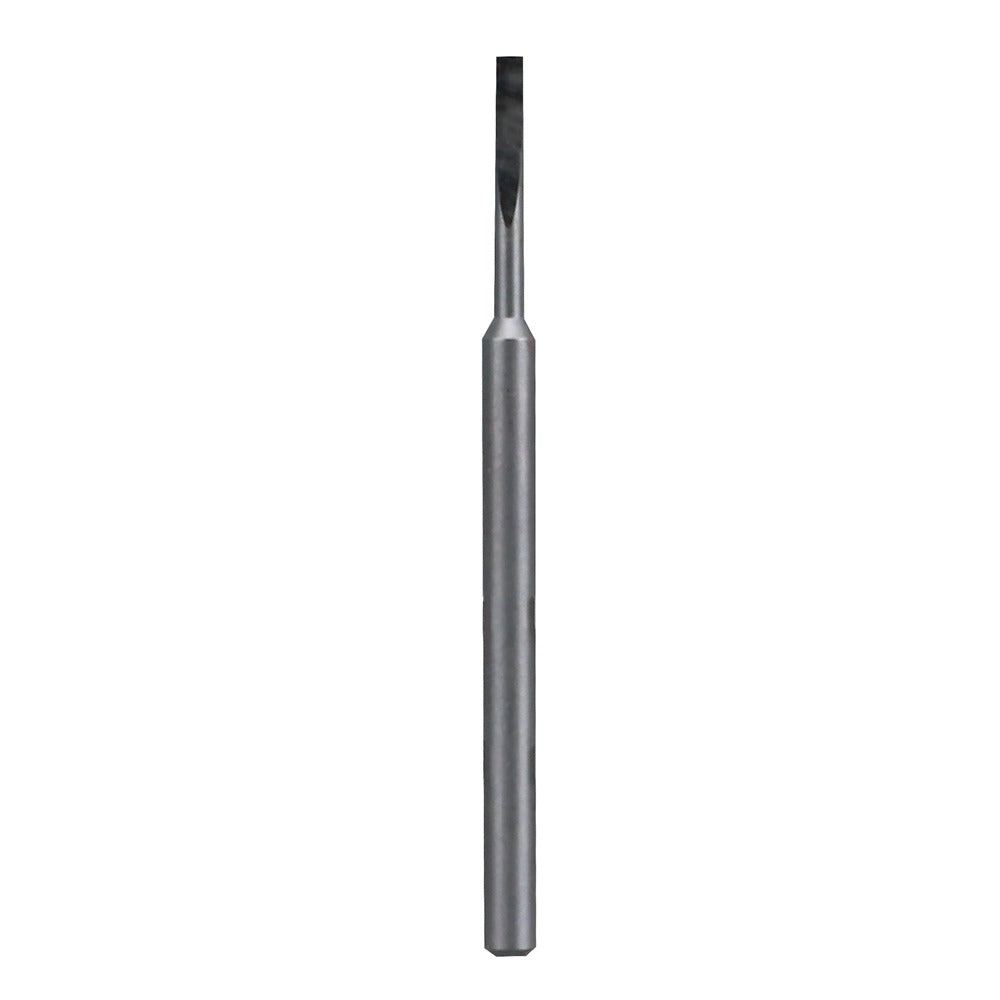 A gray metal single flute straight router bit with a flat end