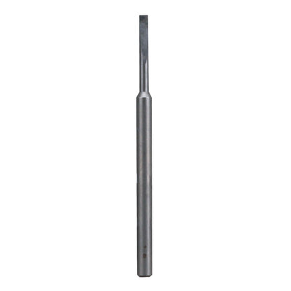 A metallic gray tool bit with a long cylindrical shank and a flat, chisel-like tip