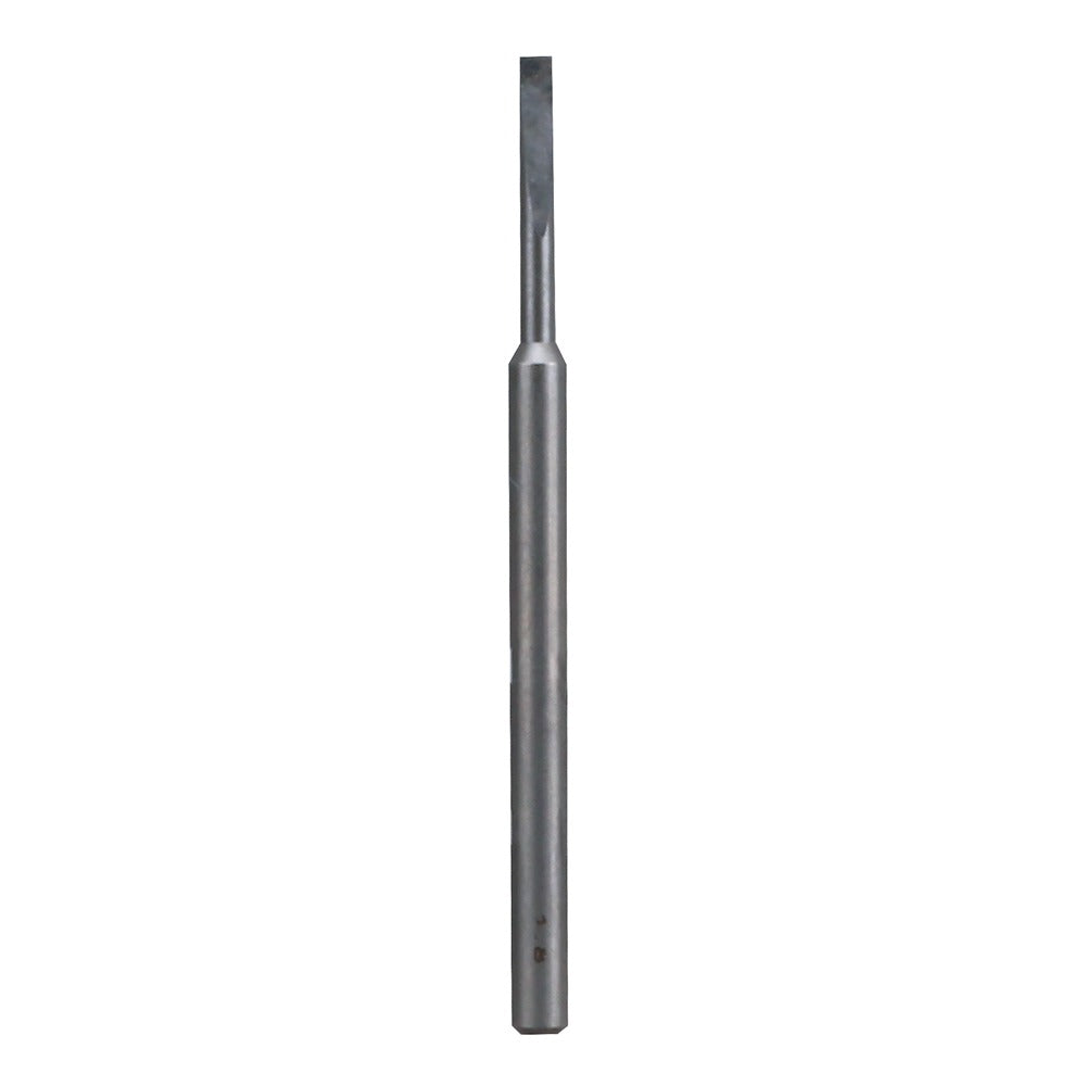 A metallic gray tool bit with a long cylindrical shank and a flat, chisel-like tip