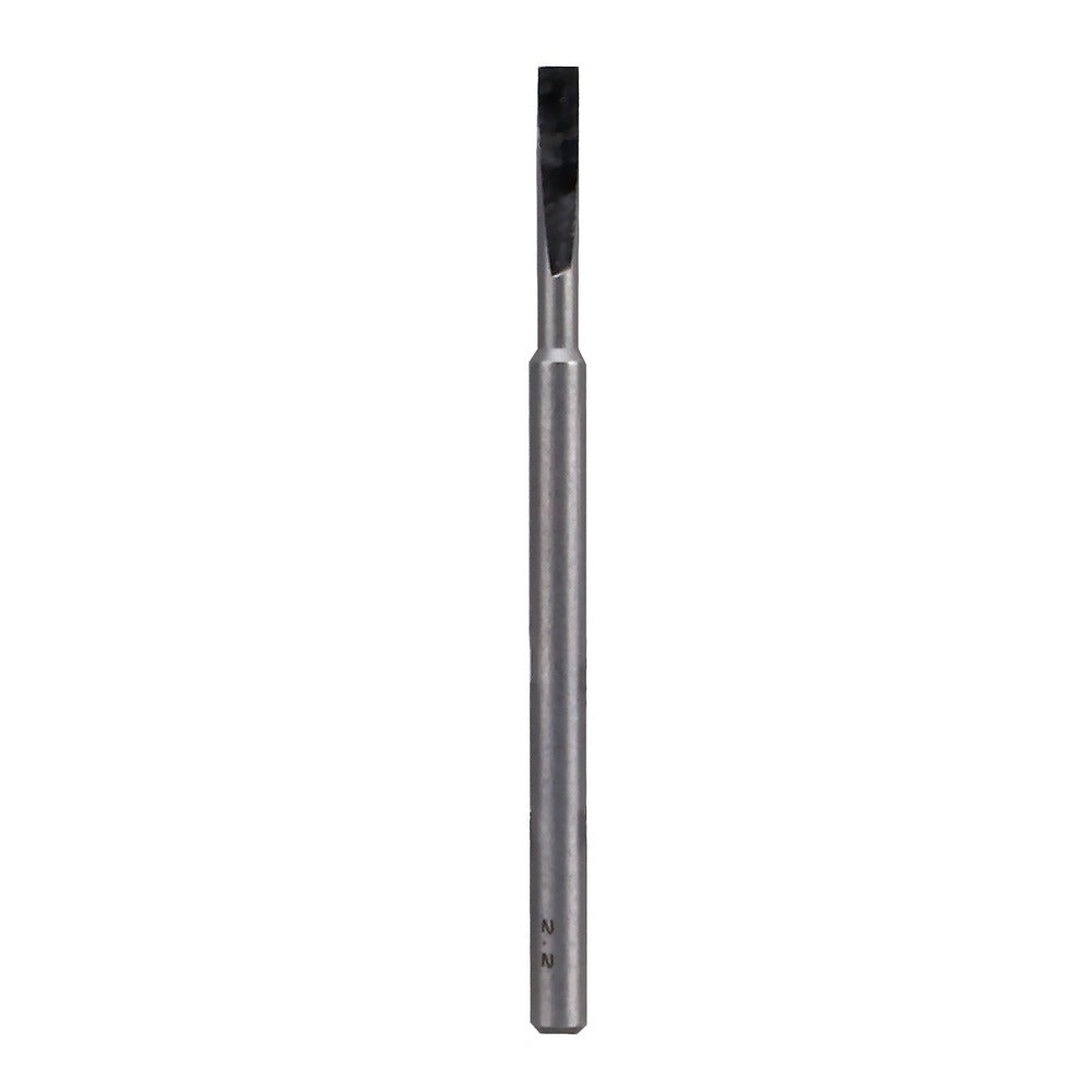 A slender metallic cutting tool with a flat, chisel-like tip. The numbers &#39;2 2&#39; are etched on its side