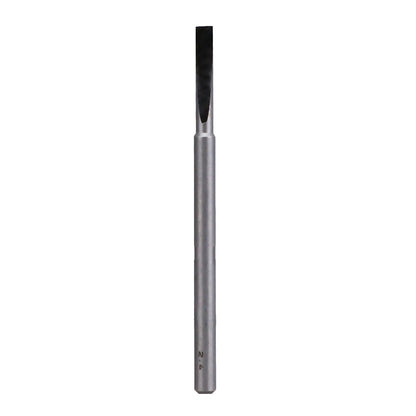 A silver flat-end tool with a dark tip, marked 2.4. Used for cutting or milling
