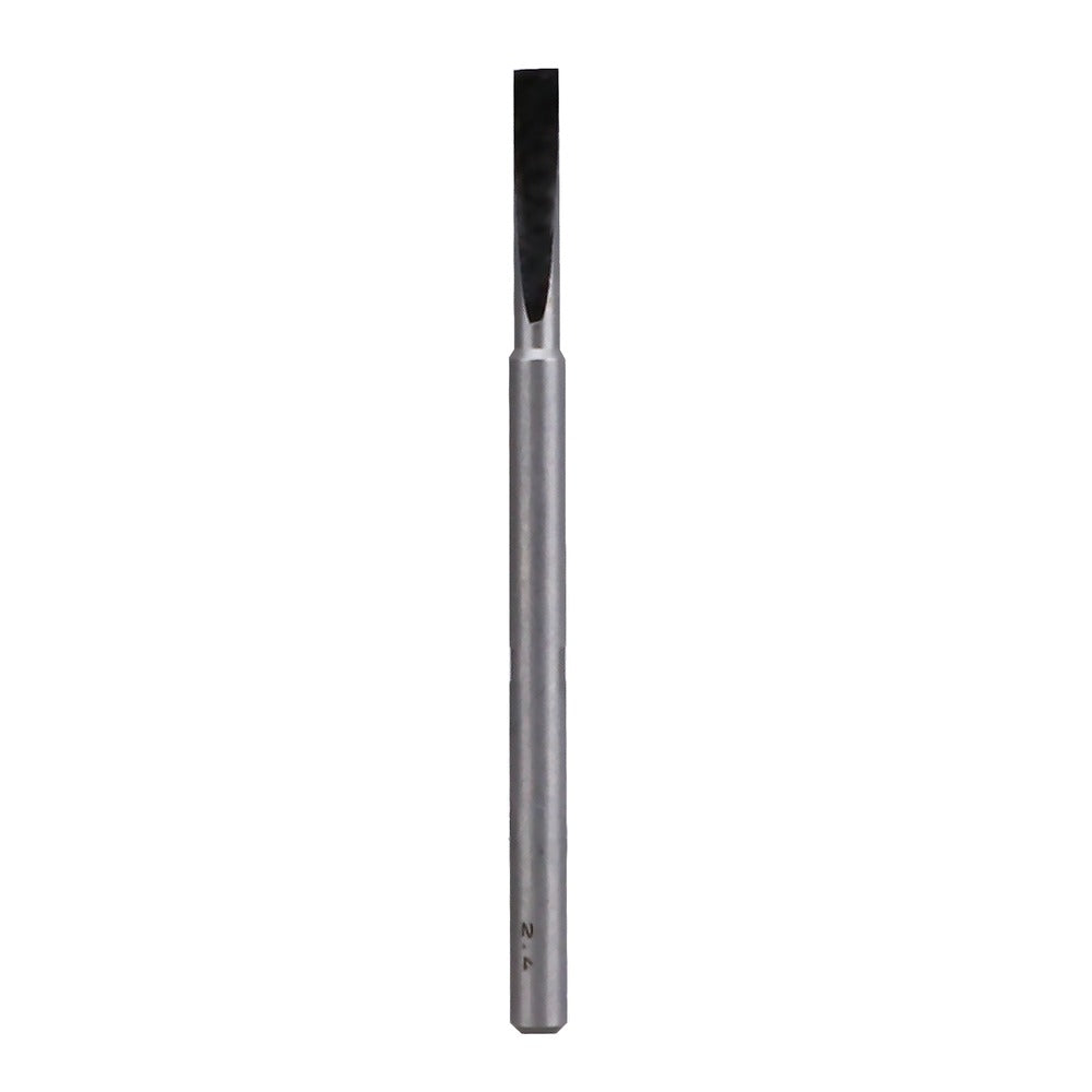 A silver flat-end tool with a dark tip, marked 2.4. Used for cutting or milling