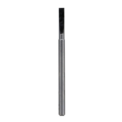 A slender metal cutting bit with a flat end