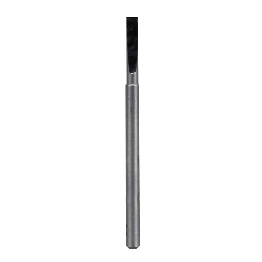 A slender metal cutting bit with a flat end