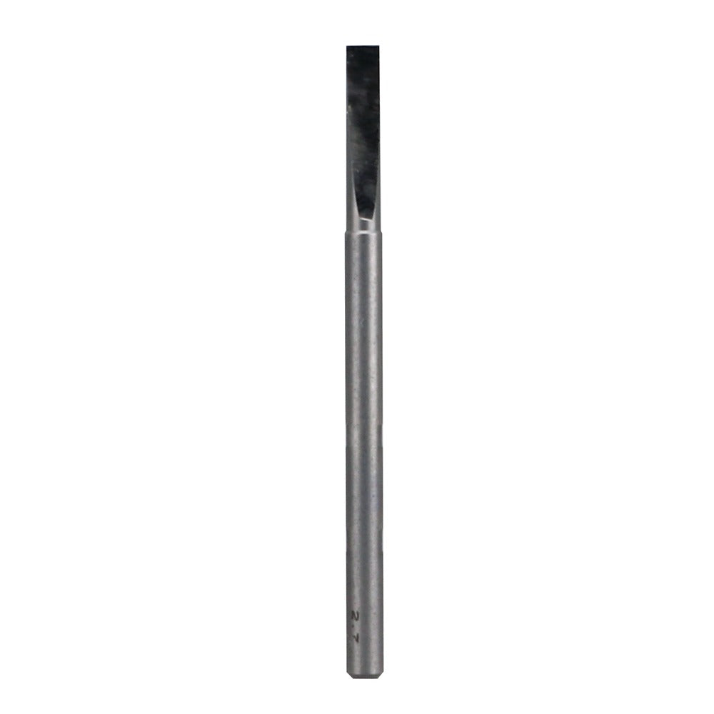 Metallic surgical tool with a flat, squared tip and '2.7' marked on the shaft