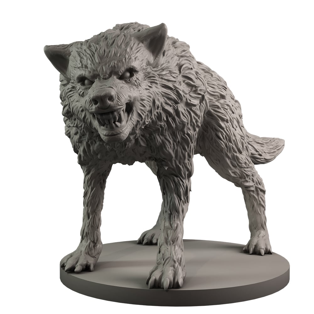 Snarling grey wolf miniature with bared fangs and textured fur on a round base