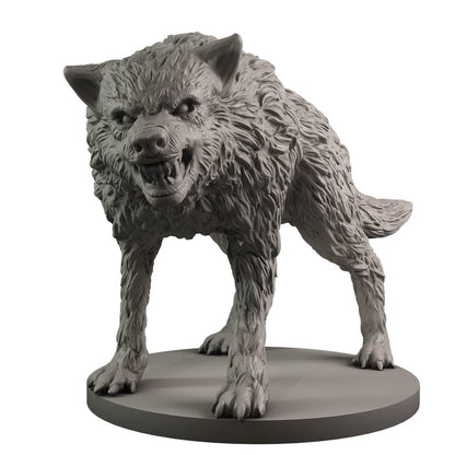 Snarling grey wolf miniature with bared fangs and textured fur on a round base