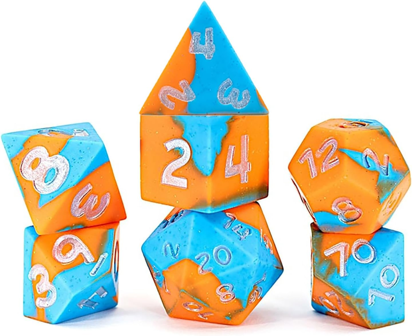 A Cryo by Fire Silicone Dice Set 7 with blue and orange marbled patterns and silver numbers, arranged in several stacks