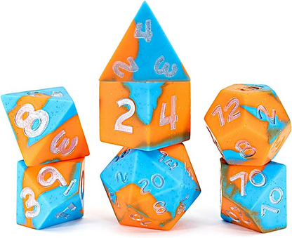 A Cryo by Fire Silicone Dice Set 7 with blue and orange marbled patterns and silver numbers, arranged in several stacks