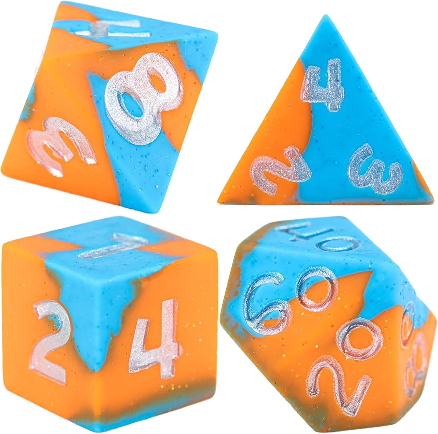 A silicone dice set showing four orange and blue swirled dice with glittery silver numbers, including a D4, D6, D8, and D20