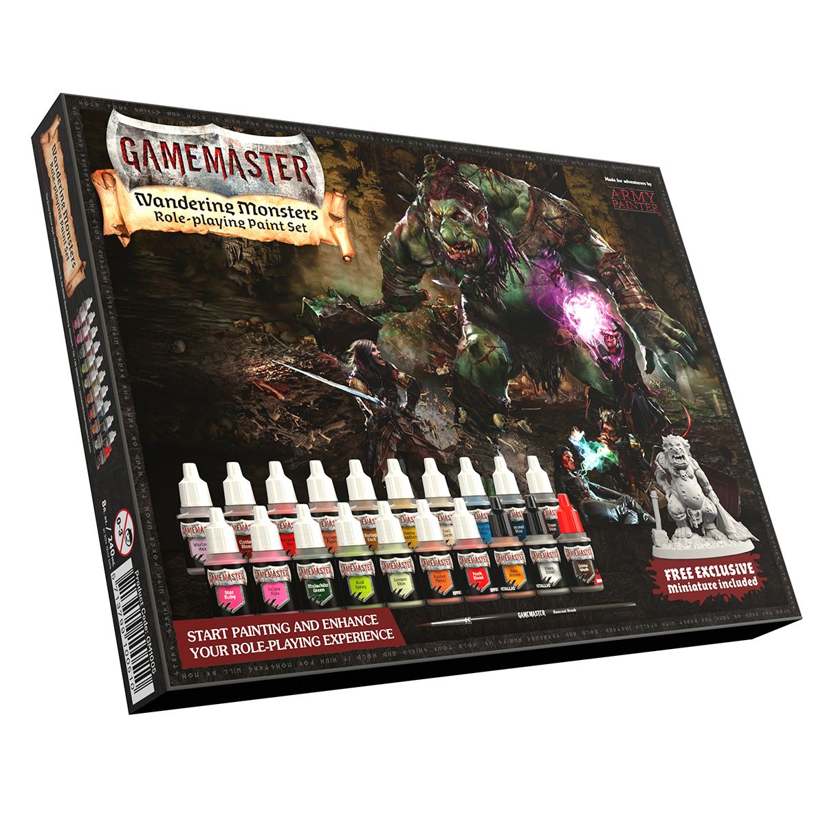 Gamemaster Wandering Monsters RPG Paint Set box. Features a battling green fantasy monster, paint bottles, and a grey miniature.