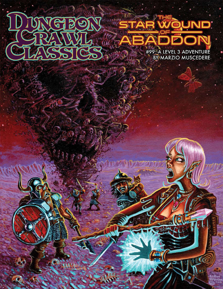 Elf casting glowing spell, warriors battle a massive skull vortex of skeletons under a starry red sky, dungeon Crawl Classics: The Star Wound of Abaddon