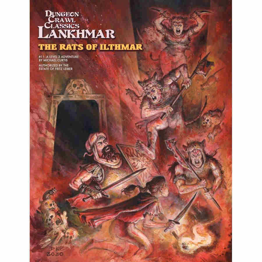 Dungeon Crawl Classics Lankhmar: The Rats of Ilthmar cover, adventurers battle monstrous rat-men in a fiery red dungeon with skulls