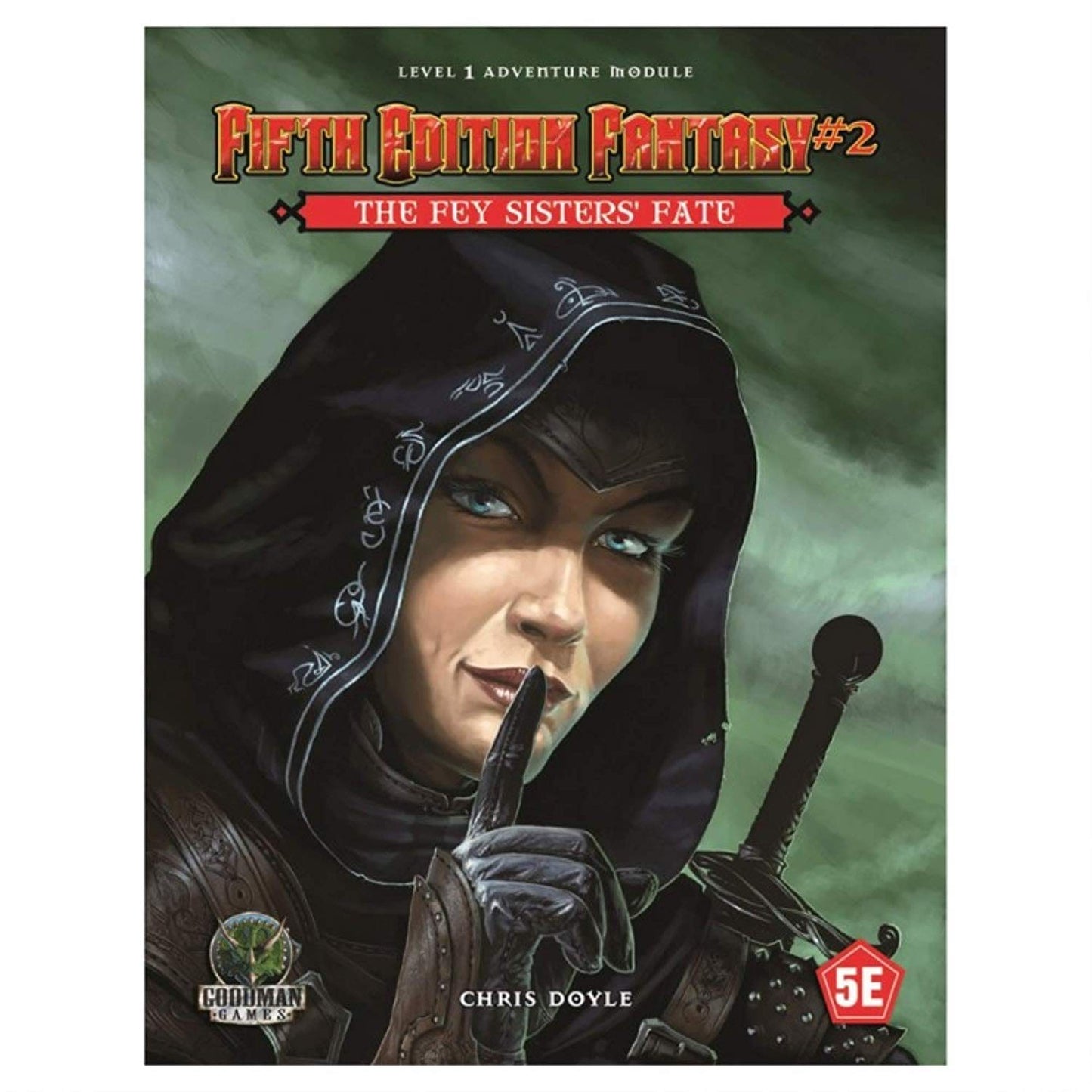 A hooded woman with blue eyes puts a finger to her lips in a 'shhh' gesture, a sword hilt visible