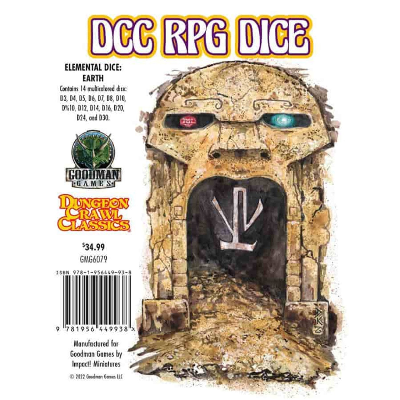 DCC RPG DICE Elemental Earth set, ancient stone face archway with glowing red and blue eyes, a white symbol is visible inside the dark mouth opening