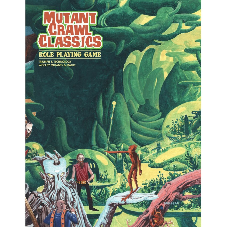 Mutant Crawl Classics RPG cover: A bearded man with a staff faces a red alien creature in a vibrant, glowing green jungle