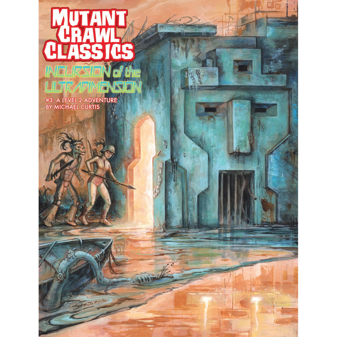 Mutant Crawl Classics 3 cover: Two adventurers, one human, one mutant, wade through glowing water toward a mysterious, face-like building, RPG cover art