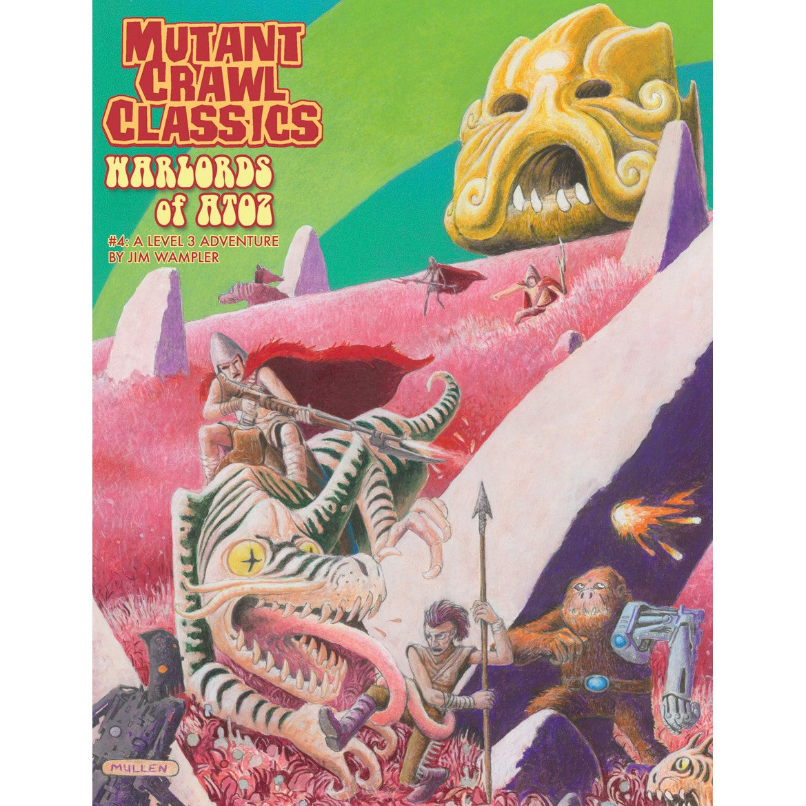 Cover art: A warrior on a striped monster fights in a pink wasteland with a giant golden head, other mutants, and a robot