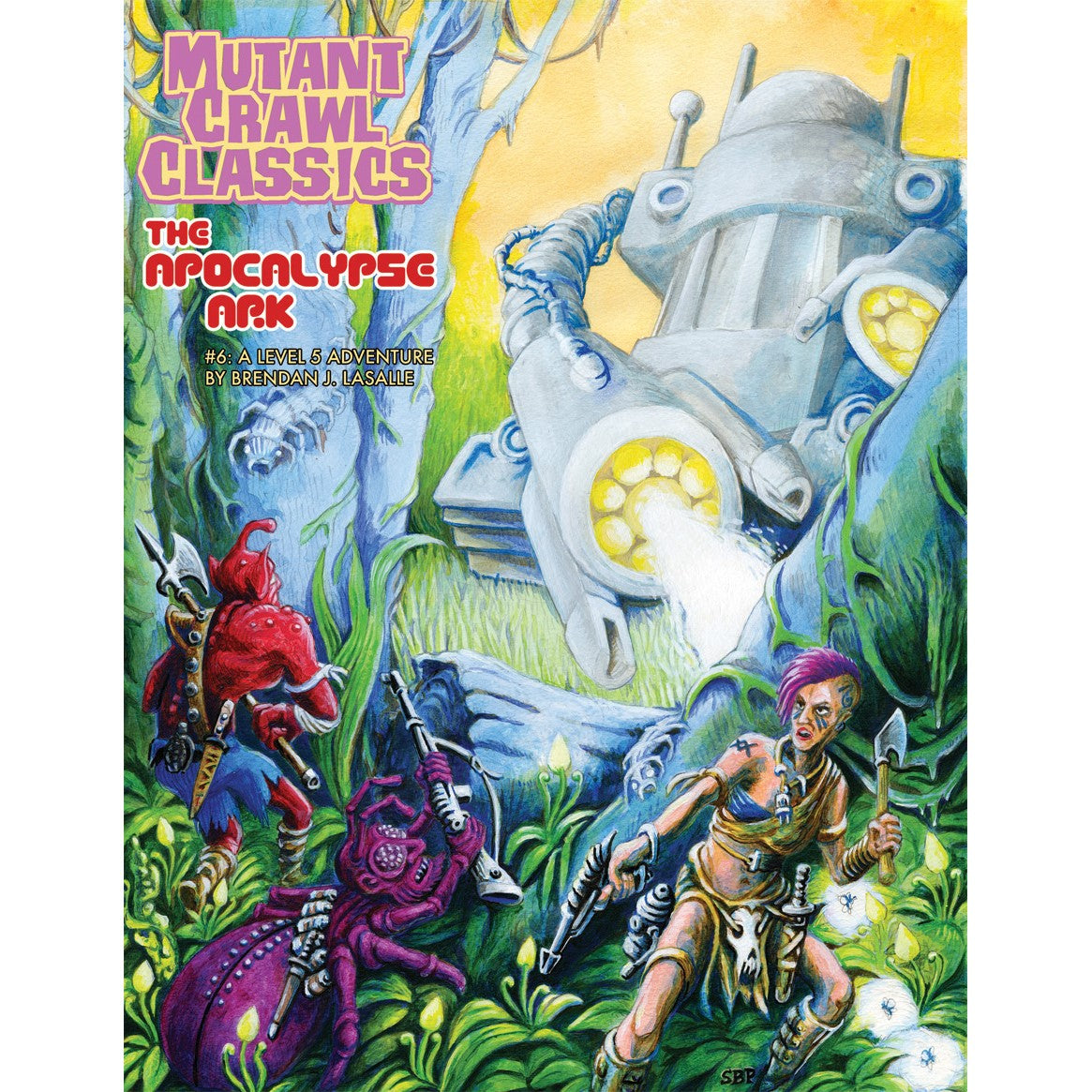 A punk-rock warrior, a red mutant, and a spider-creature confront a glowing, firing sci-fi ark in a vibrant jungle