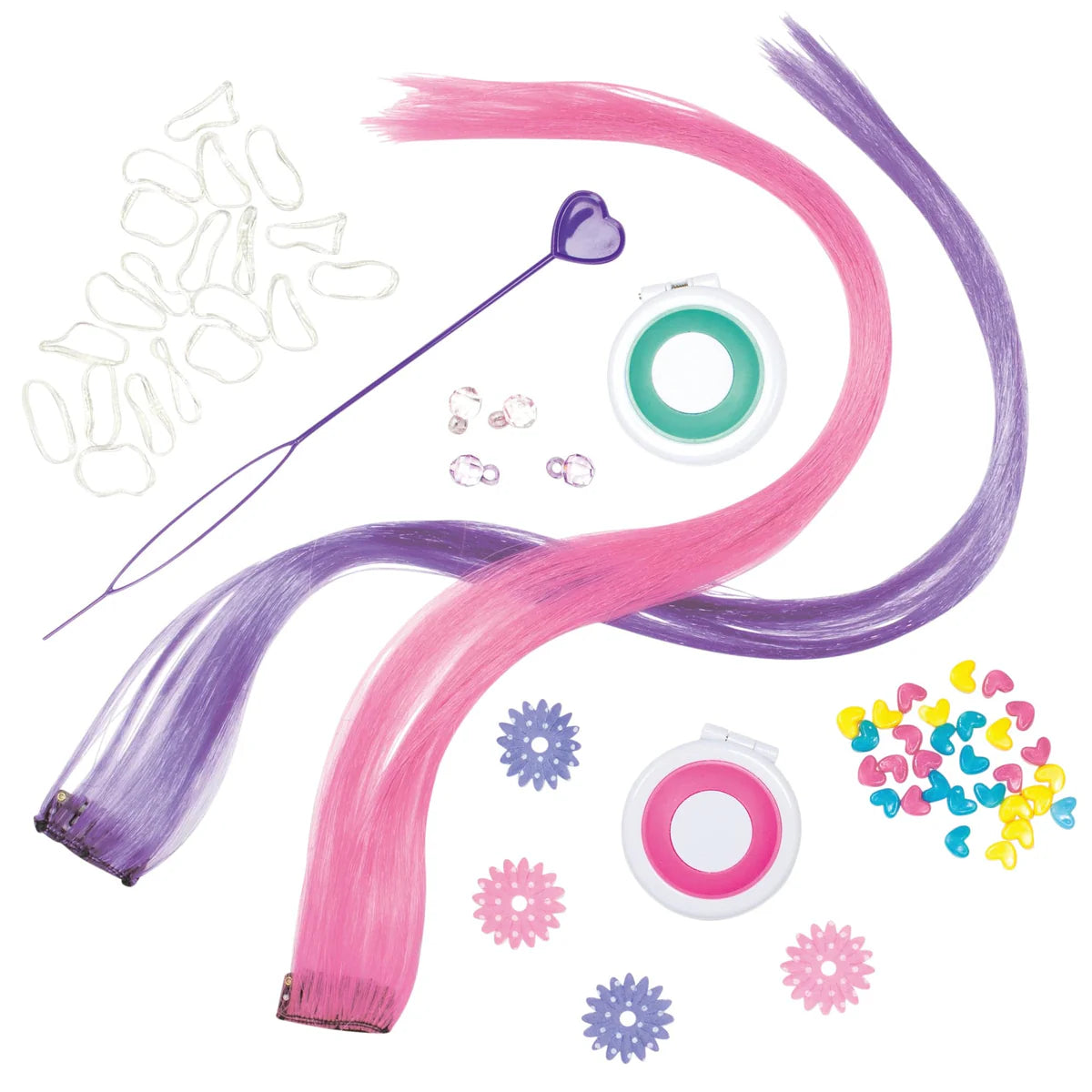 Colourful hair styling kit with pink/purple extensions, hair chalk compacts, elastics and flower/heart decorations