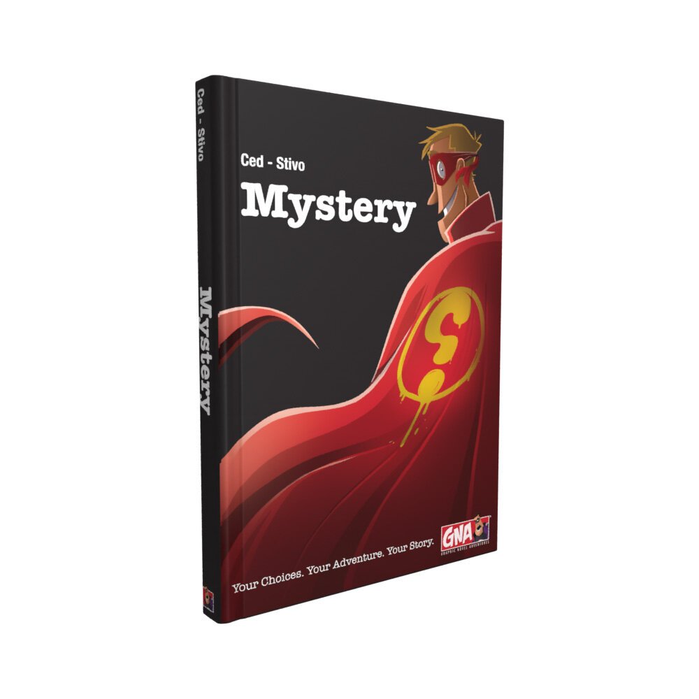 Graphic novel 'Mystery' by Ced-Stivo, showing a smiling superhero in a red cape with a yellow 'S'