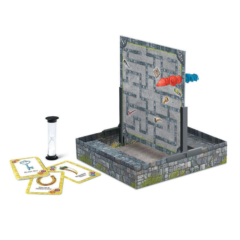 Gnomes at Night cooperative board game set featuring a vertical maze an hourglass timer and objective cards with items like a glass key