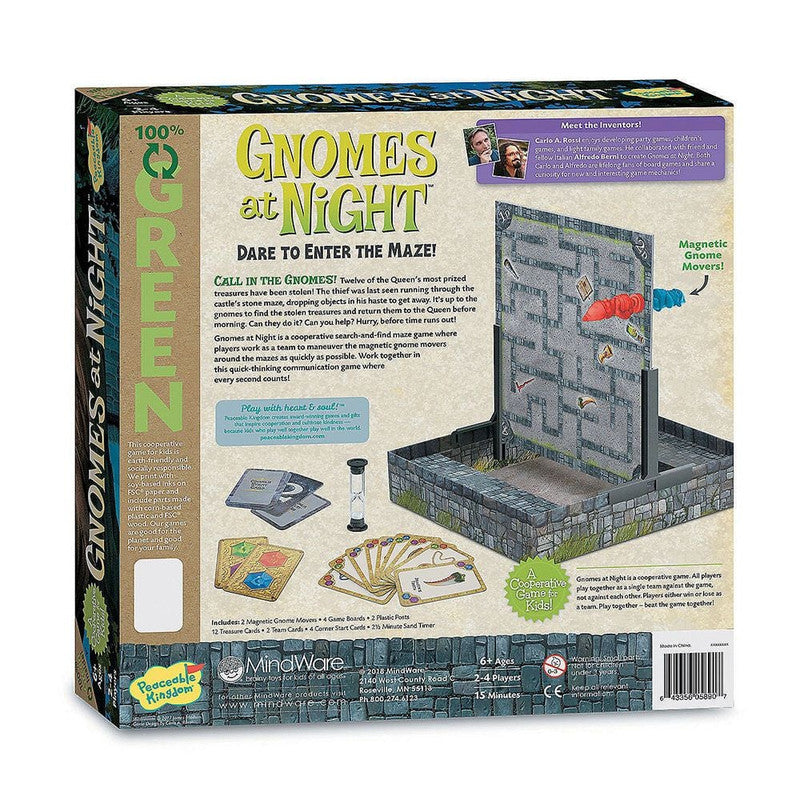 Gnomes at Night cooperative board game box back featuring a maze game magnetic gnome movers cards and an hourglass timer