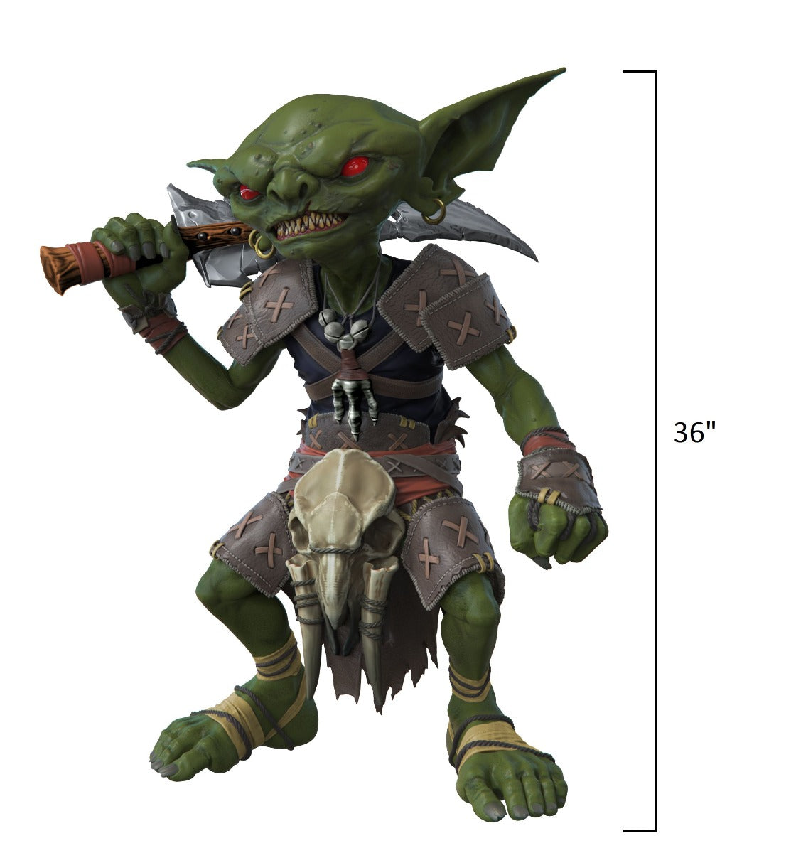 A menacing green goblin figure with red eyes, wearing primitive armor, holds an axe over its shoulder. It is 36 inches tall