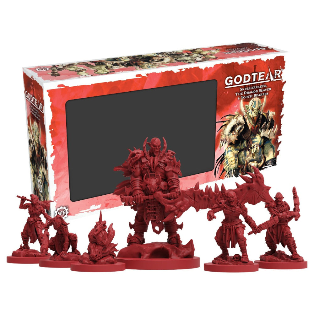 Six red unpainted Godtear fantasy miniatures, including a large armored warrior, displayed in front of their game box.