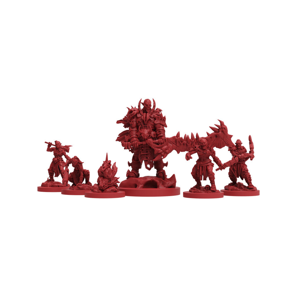 Red unpainted set of fantasy miniatures: a large horned warrior with a bat-winged sword and four smaller figures.