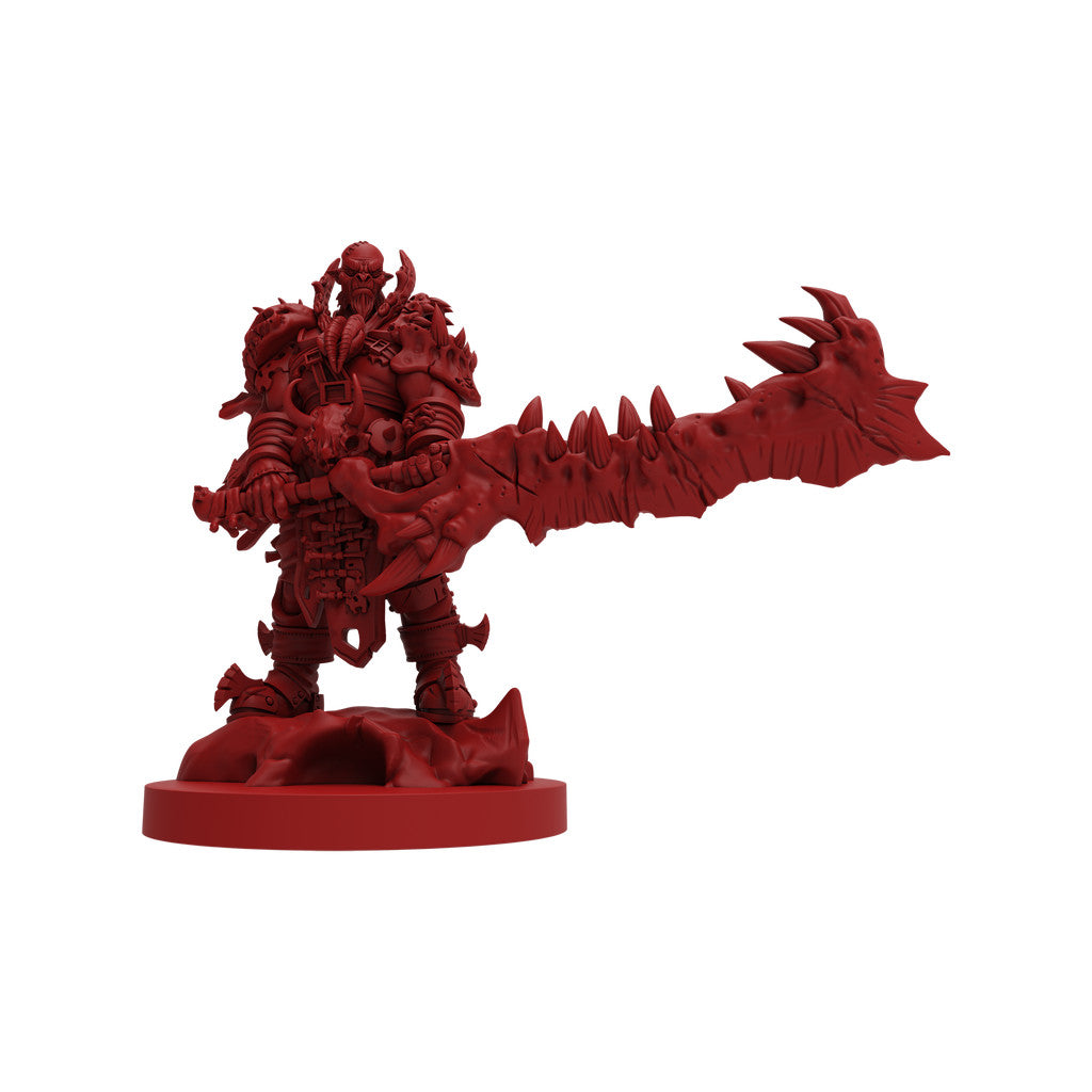 Solid red miniature of a heavily armored warrior with horns, holding a massive, spiky sword.
