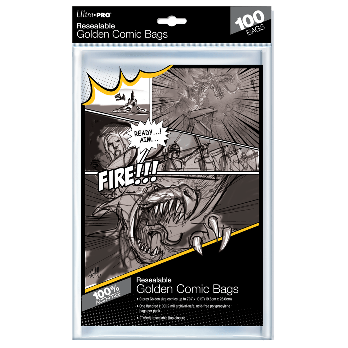 100 Ultra PRO Resealable Golden Comic Bags. Package features grayscale comic art of archers firing at a monster