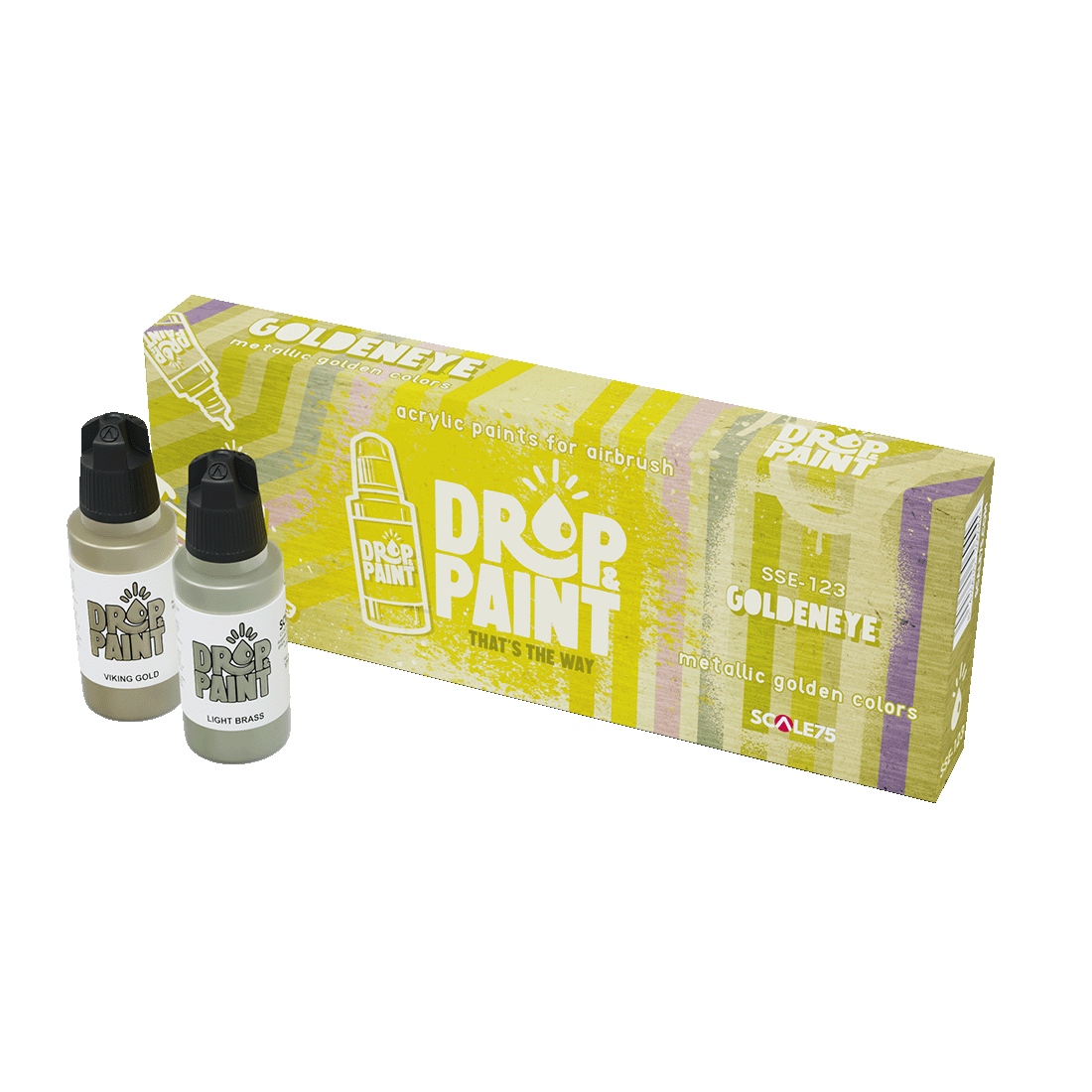 A Drop and Paint Goldeneye Paint Set features a yellow box with metallic golden colors and two paint bottles, Viking Gold and Light Brass