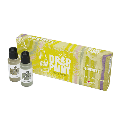 A Drop and Paint Goldeneye Paint Set features a yellow box with metallic golden colors and two paint bottles, Viking Gold and Light Brass