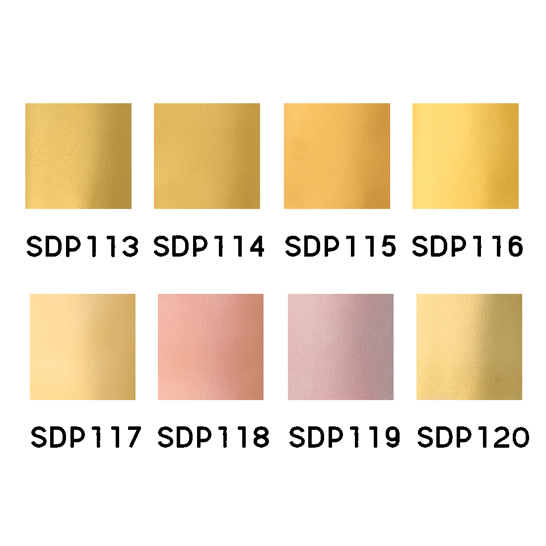 Eight paint swatches from the Goldeneye Paint Set, showing shades of gold, yellow, and rose, labeled SDP113 to SDP120