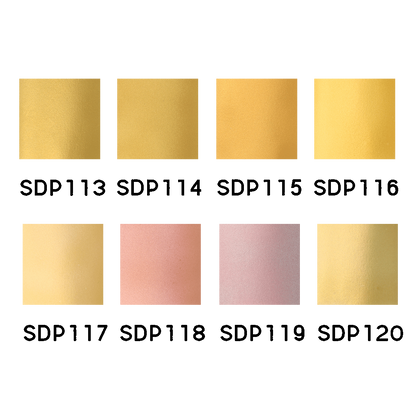 Eight paint swatches from the Goldeneye Paint Set, showing shades of gold, yellow, and rose, labeled SDP113 to SDP120