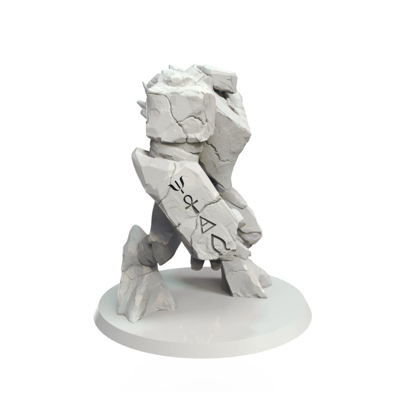 A cracked stone elemental model with mystical symbols on its shield-like left arm, striding forward on a white base.