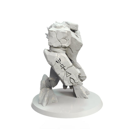 A cracked stone elemental model with mystical symbols on its shield-like left arm, striding forward on a white base.