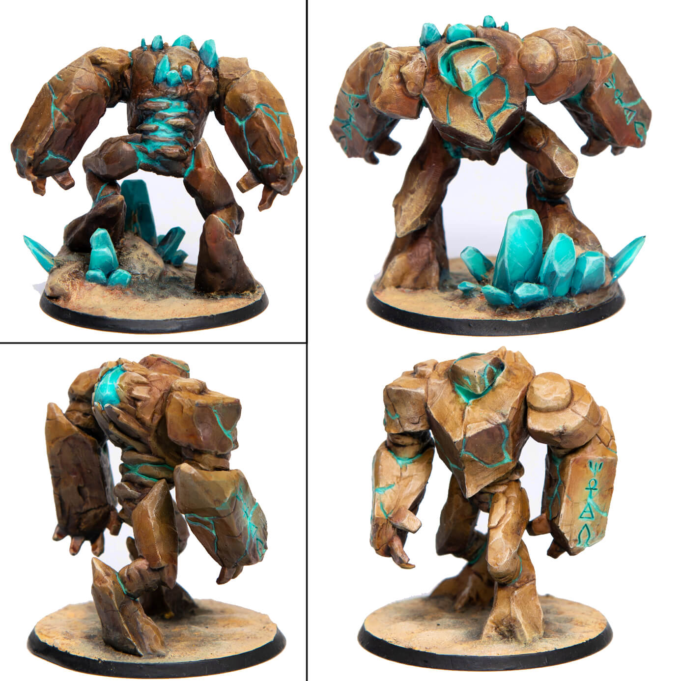 A brown stone golem miniature with glowing blue cracks and turquoise crystals on its body and sandy base