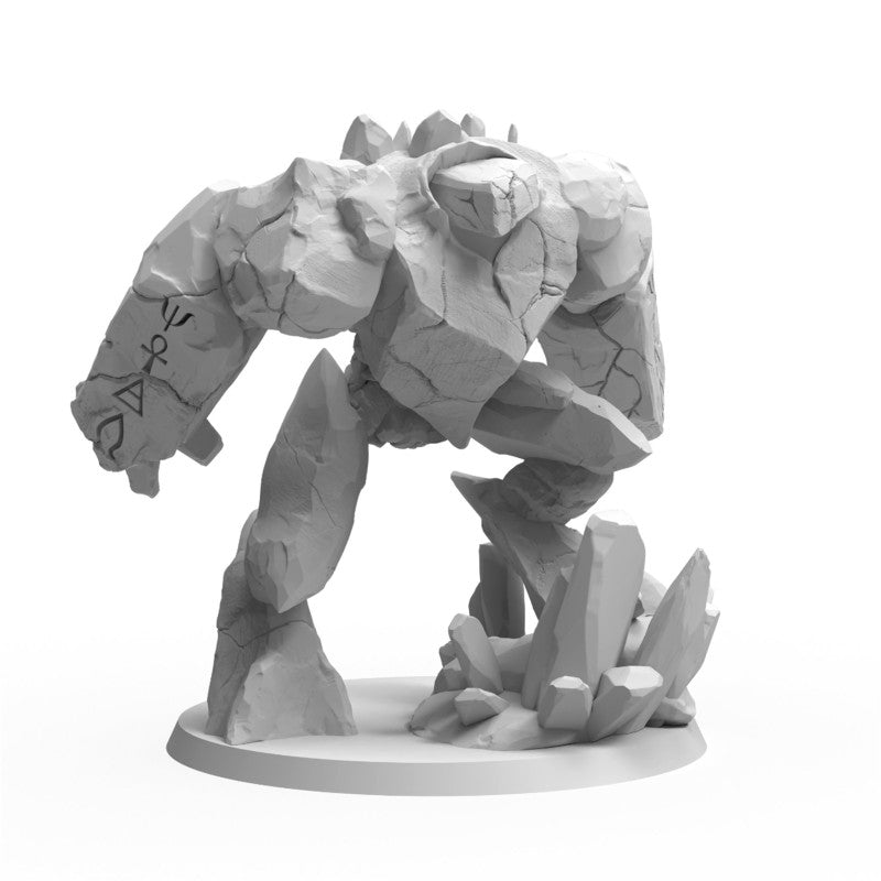 Gray stone golem miniature with runes on its left arm, posed dynamically on a base with jagged rock crystals.