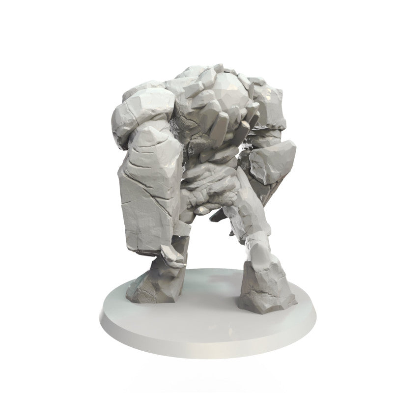 A gray rock golem miniature stands on a circular base, viewed from the back.