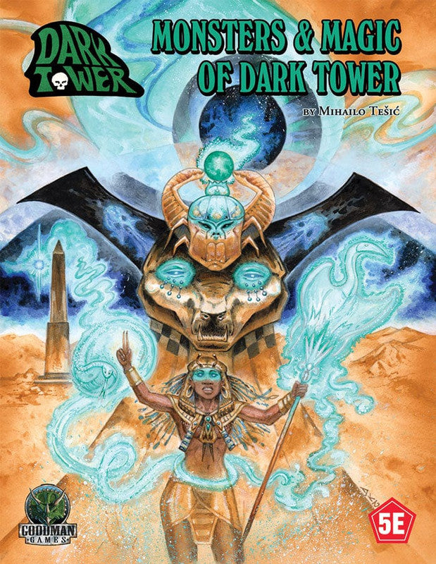 An Egyptian sorceress conjures glowing blue magic. Behind her, a golden Anubis-like head, obelisk, and pyramid