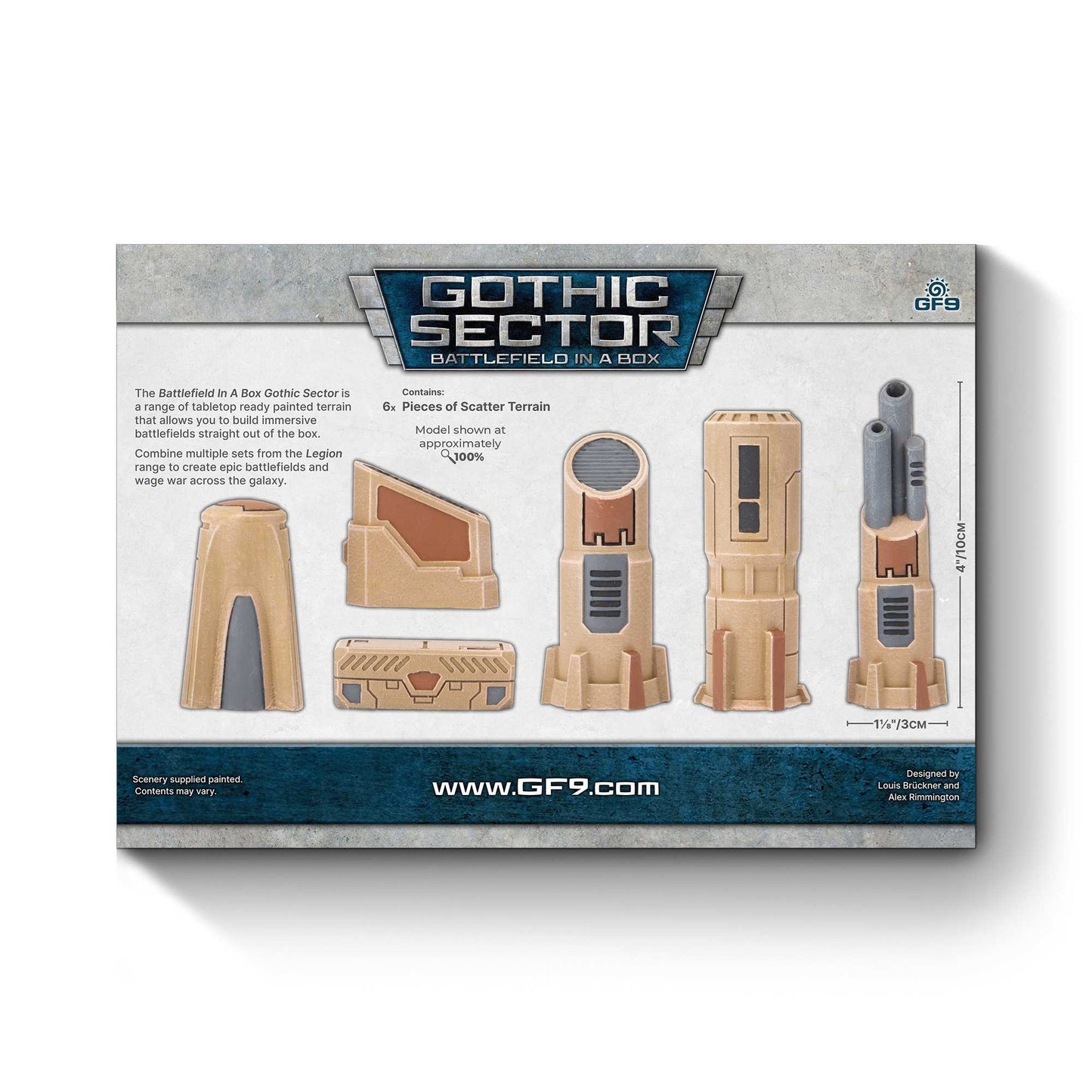 Gothic Sector Battlefield in a Box with six tan and gray futuristic scatter terrain pieces displayed on the product packaging