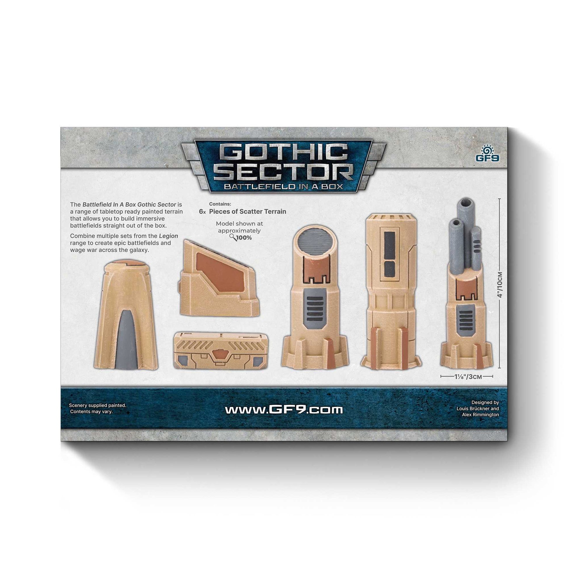 Gothic Sector Battlefield in a Box with six tan and gray futuristic scatter terrain pieces displayed on the product packaging