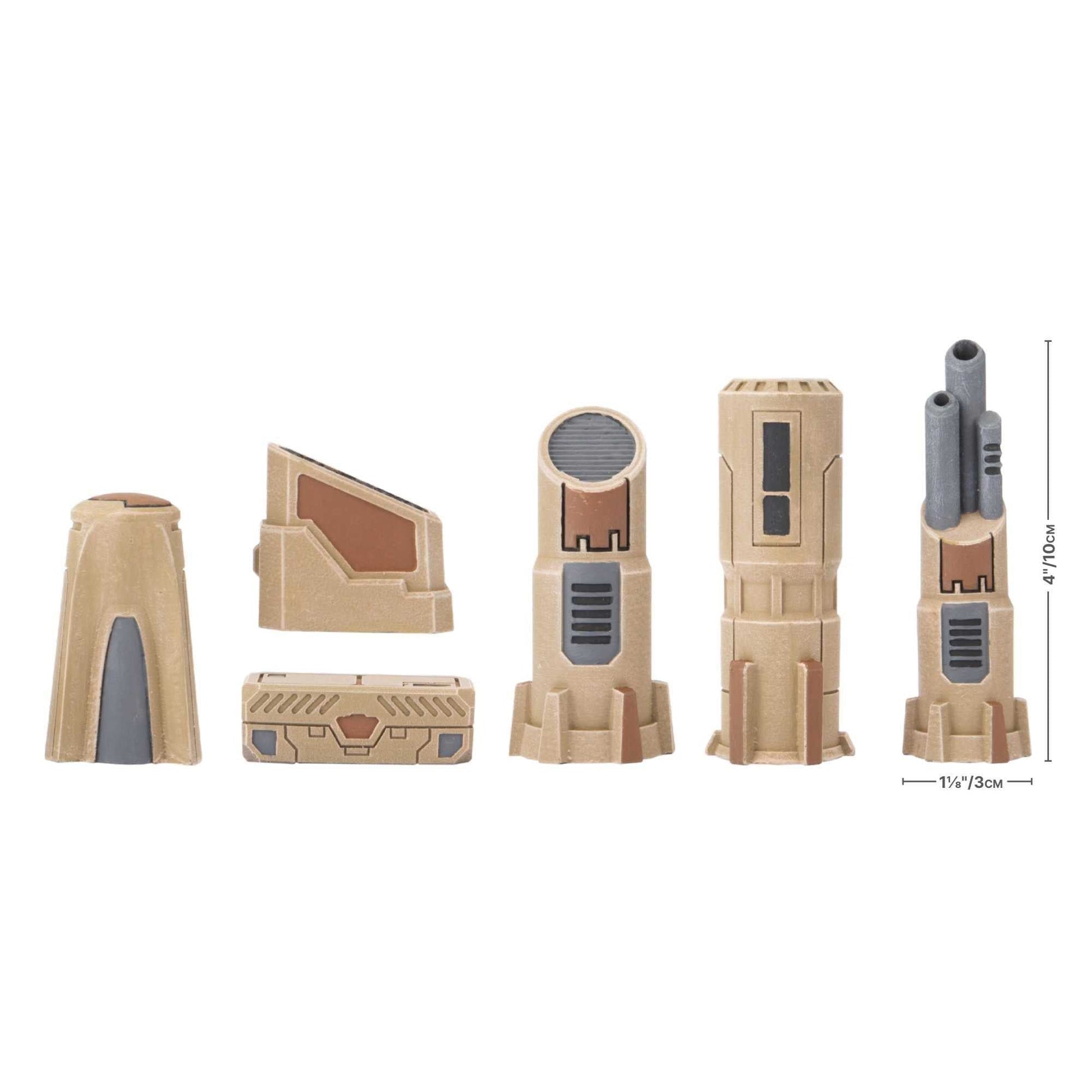 Six tan and grey modular sci-fi terrain pieces, including towers and crates, with size measurements