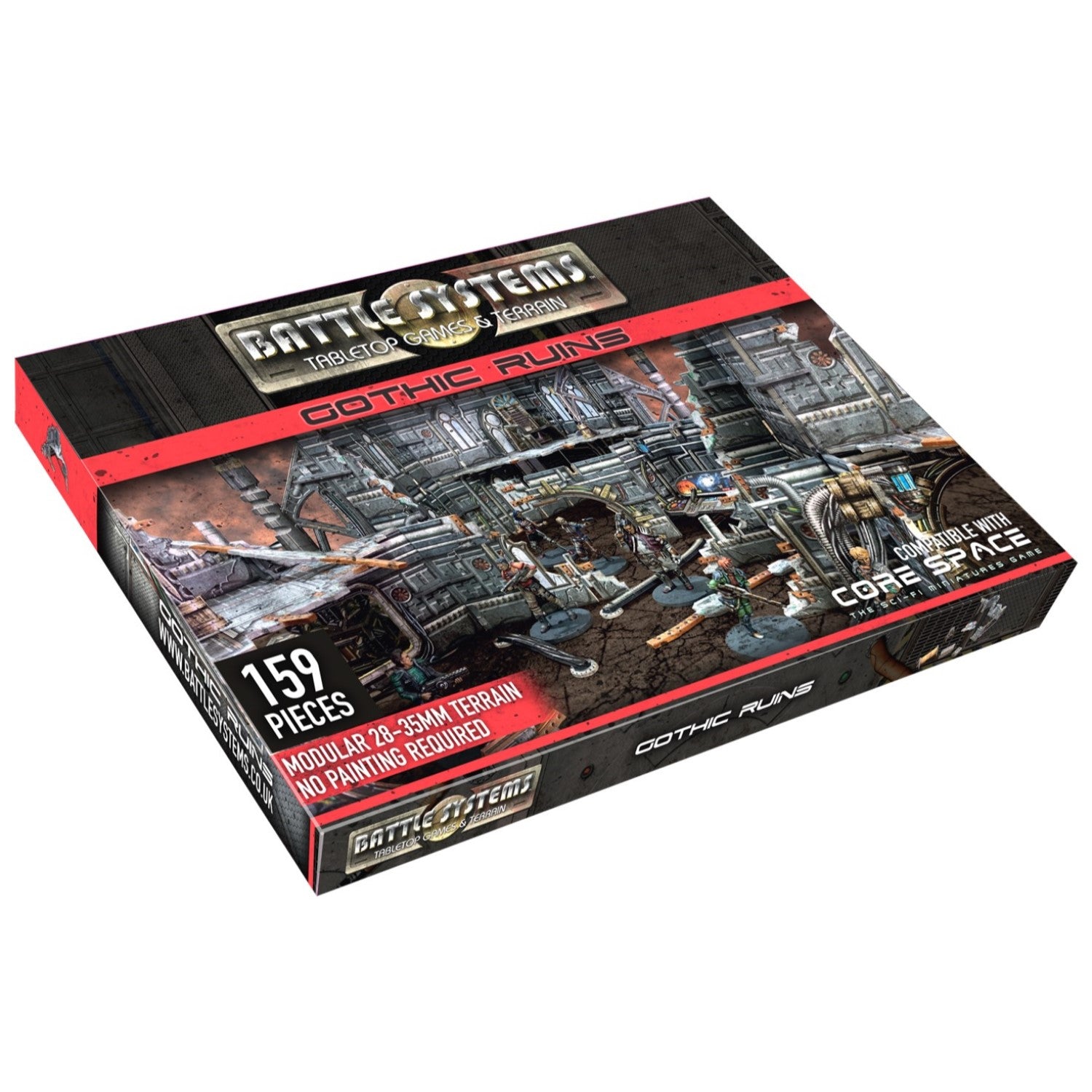 Battle Systems Gothic Ruins tabletop terrain box. Shows modular sci-fi ruins, 159 pieces, no painting required.